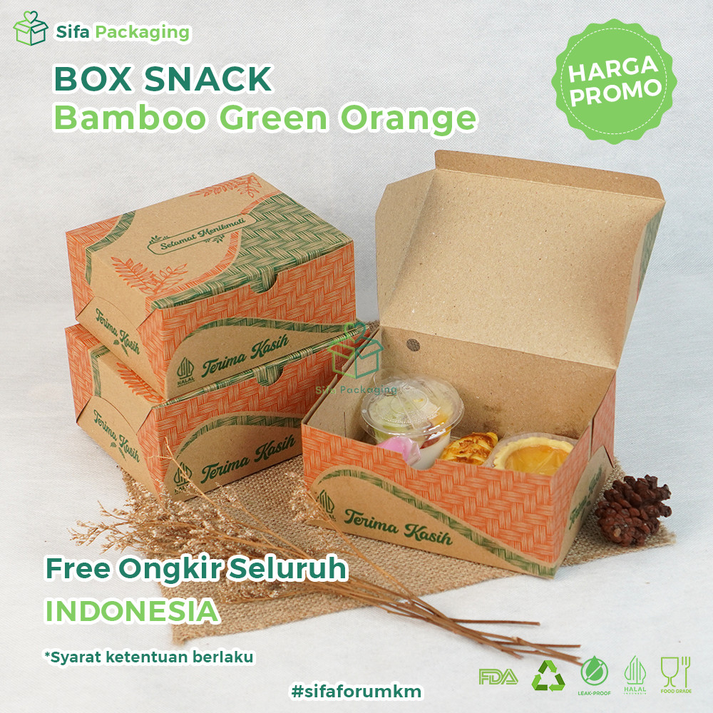 

Snack Box 14x12 16X12 Kraft Dus Motif Bamboo Green Orange Kue Box Snack Donat Kue