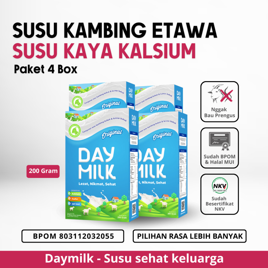 

DAYMILK - Susu Etawa Bubuk - Paket 4 Box - Susu Tinggi Kalsium/ Kaya Vitamin/ Perkuat Tulang & Sendi