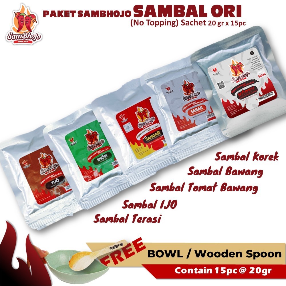 

SamBhojo - Paket Sambal Bawang, Sambal Terasi, Sambal ijo, Sambal Korek 5 Sachet Gratis mangkok/Sendok