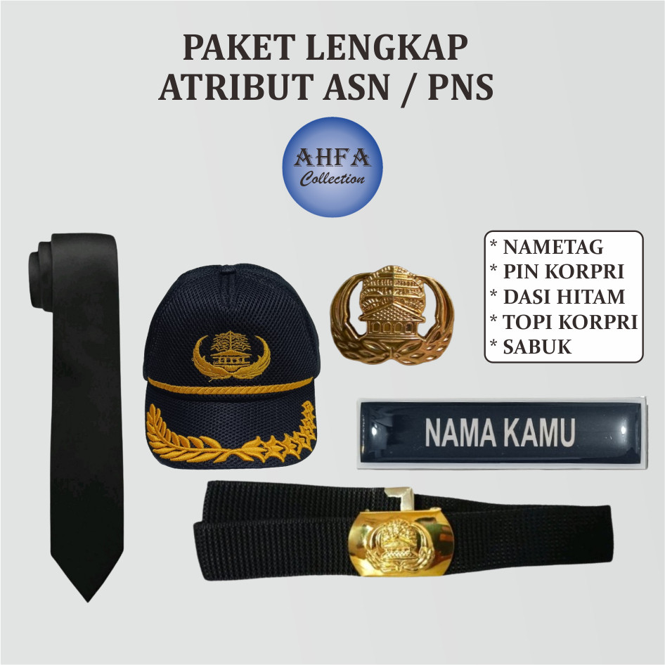 

Paket Name Tag terlengkap (Nametag, Pin korpri, Sabuk Korpri, Dasi Hitam, Topi Korpri) Papan Nama dada PNS Lencana Korpri