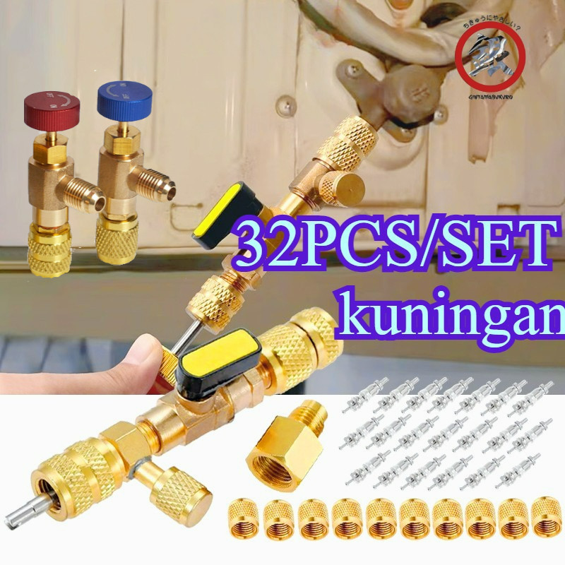 1Set 32pcs R22 R410 R32 Alat Cabut Buka Pentil Ac Rumah Split Tanpa Buang Freon Valve Core Remover A