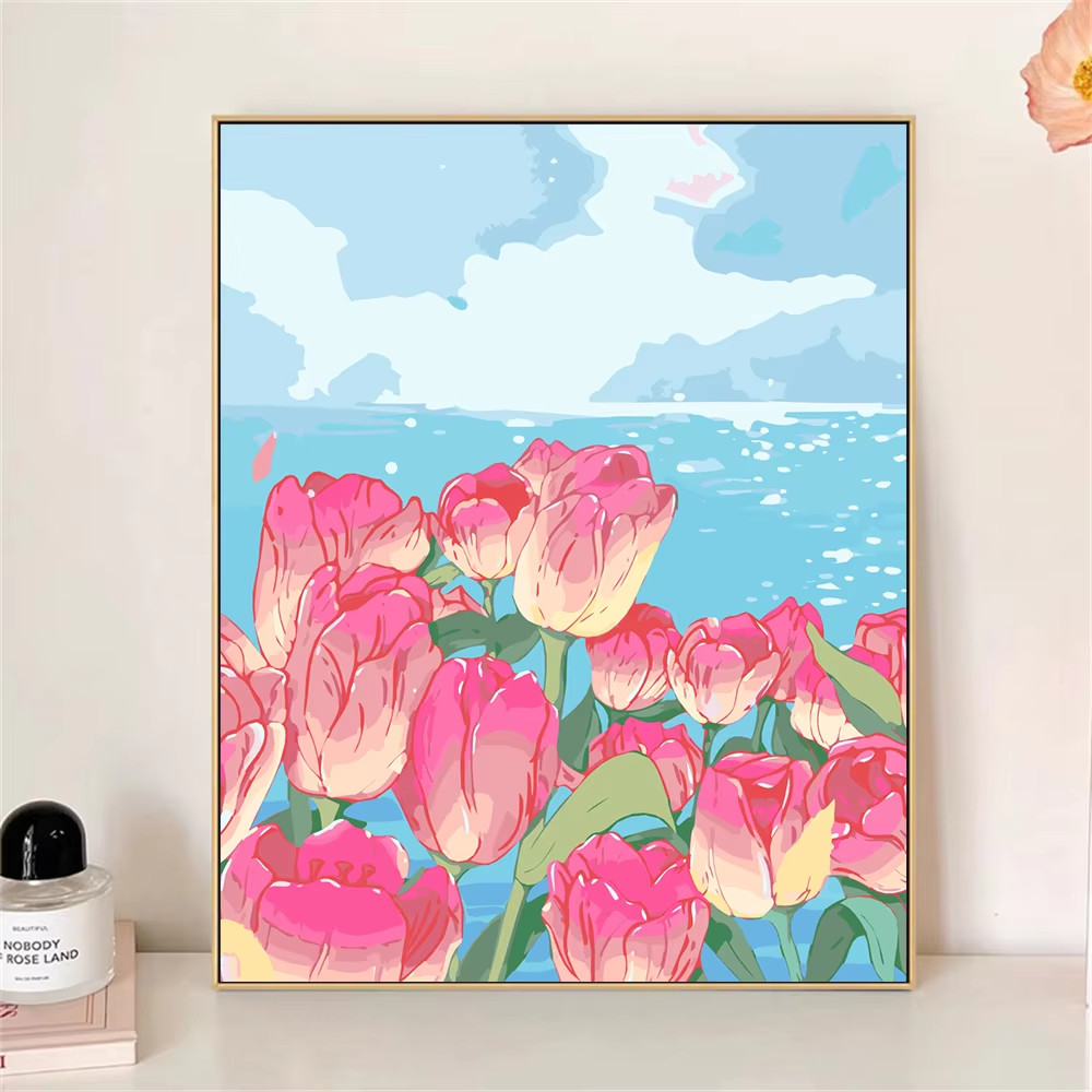 

MINISO DIY Oil Painting By Numbers Tulips By The Sea Wall Decor Gifts Frameelss