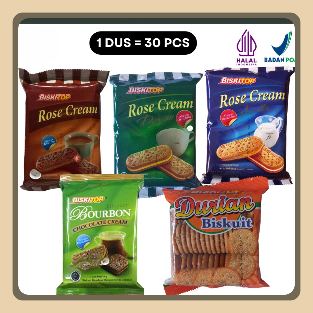 

[1 DUS ISI 30 PCS] Biskitop Rose Cream Chocolate/Vanilla/Durian 120gr | Bourbon 120gr | Biskuit Durian 118gr