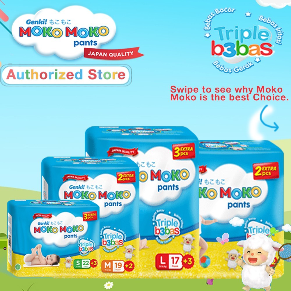 GENKI MOKO MOKO Pants Diapers M32 L28 XL26 Popok Bayi Sekali Pakai Diaper S M L XL MokomokoCO