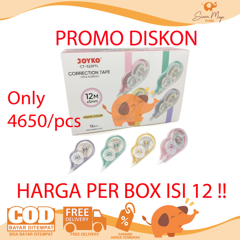 

Joyko Correction Tape 12m Tipex Kertas Joyko CT-522 Warna Pastel 1 BOX LUSIN CT-522PTL [12PCS]