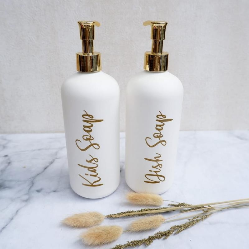 

Botol Sabun Cair Pump Putih Doff Gold Aesthetic 500ml Luxury Estetik Free Label - White Gold Collection Plastik Plastik