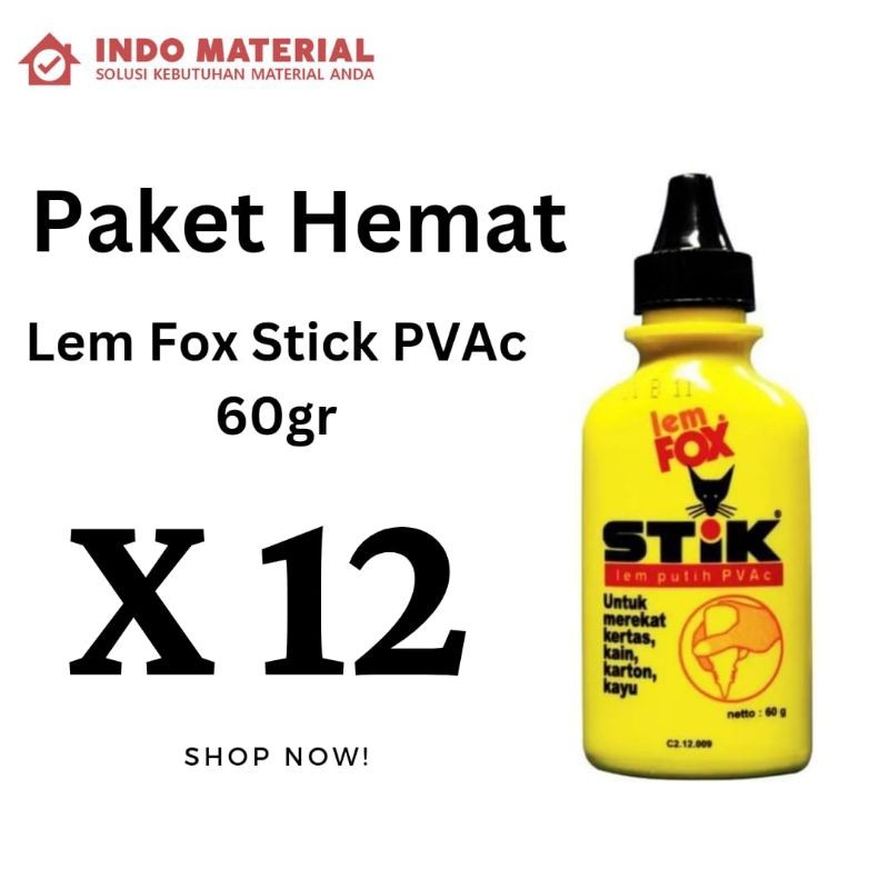 

Paket Hemat Lem Fox Stik PVAC 60 gr Satu Lusin | Lem Kertas ATK