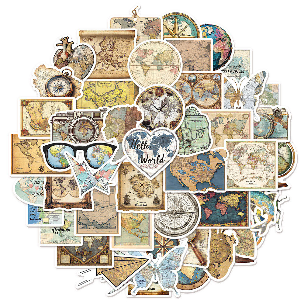 

50PCS Creative Retro Old Map Graffiti Stickers DIY Luggage Skateboard Water Cup Computer Laptop Waterproof Stickers