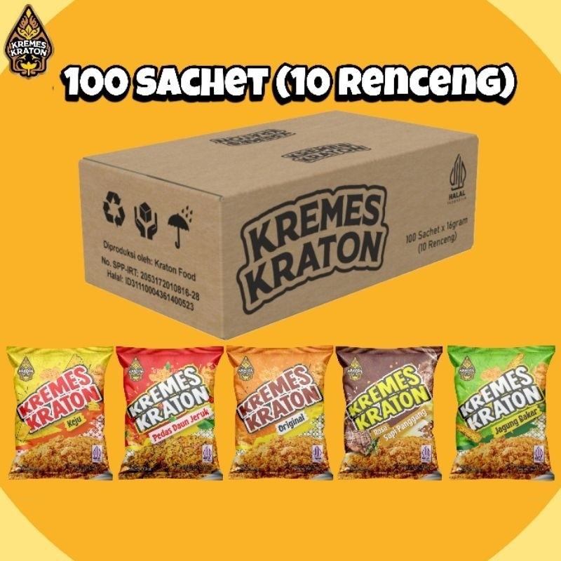 

Kremes Kraton Sachet Dus - 100 x 16g (10 Renceng) Original, Pedas Daun Jeruk, Keju, Jagung Bakar, Sapi Panggang