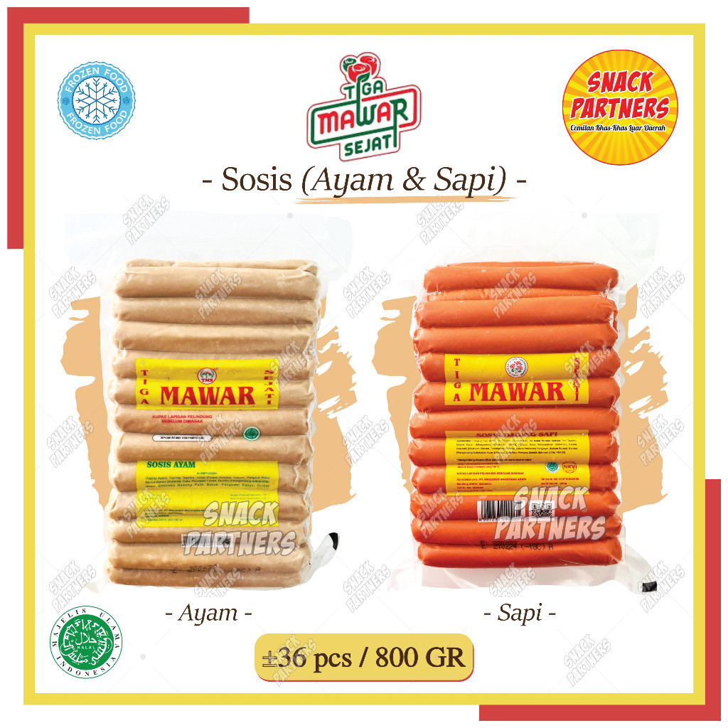 TIGA MAWAR SEJATI Sosis Ayam Sapi 36 PCS / 800 GR - FROZEN FOOD - Chicken Beef Sausages Banjarmasin
