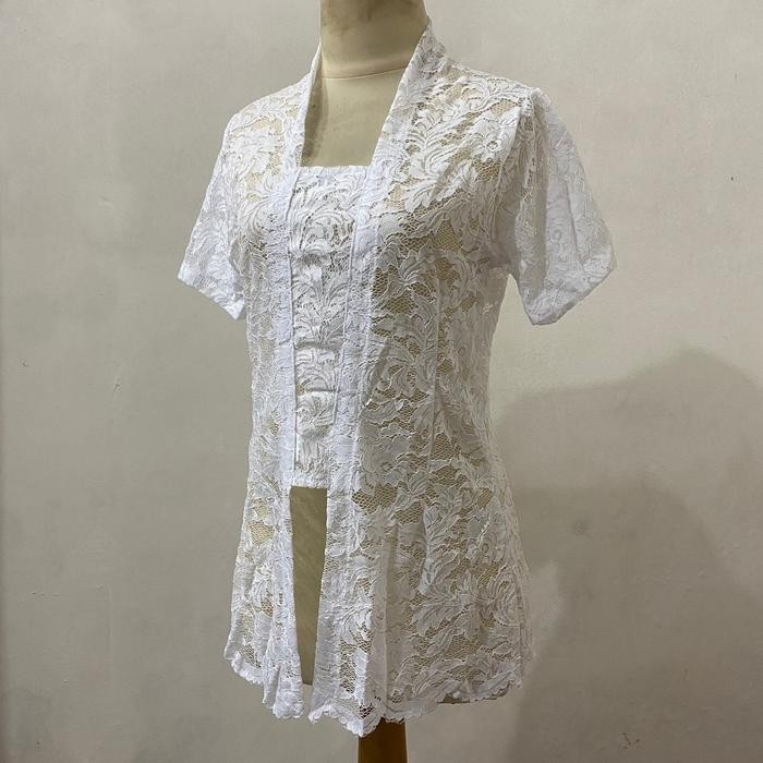 Kebaya bali brokat sofia full stretch lengan pendek atasan wanita tradisional - Putih, S