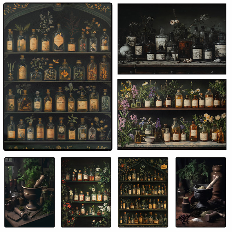 

Apothecary Vintage Jars Dark Antique Oil Painting Posters Canvas Printing Goth Wall Art Picture for Witch Kitchen Decor Gifts