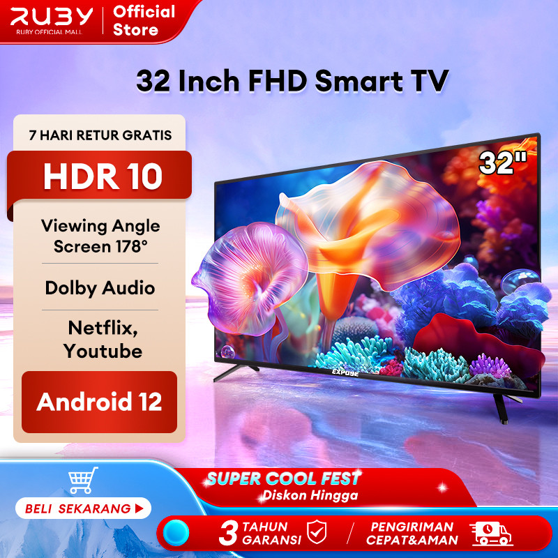 EXPOSE 32 Inch Smart Android TV FHD Dolby Audio HDR10 TV Digital - Netflix/Youtube - Wifi/HDMI/USB