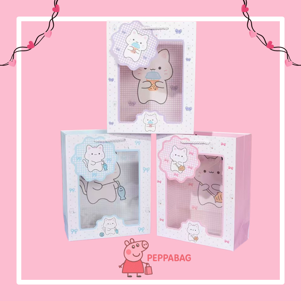 

Paper Bag Gift Cute Kucing / Paperbag Hadiah Motif Kucing Transparan Premium Bening - ES0613