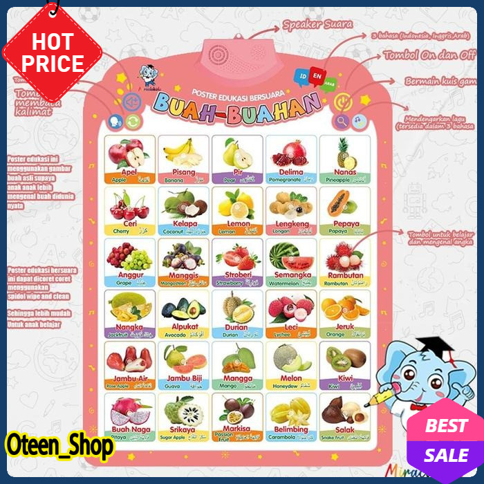 Poster Edukasi Anak Belajar Abjad / Angka / Buah / Hewan Bersuara