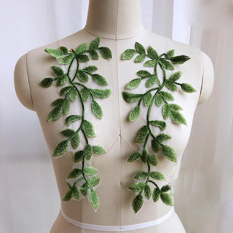 

1 Pair Green Leaf Repair Lace Collar Patches Embroidery Applique Accessories 31*12CM