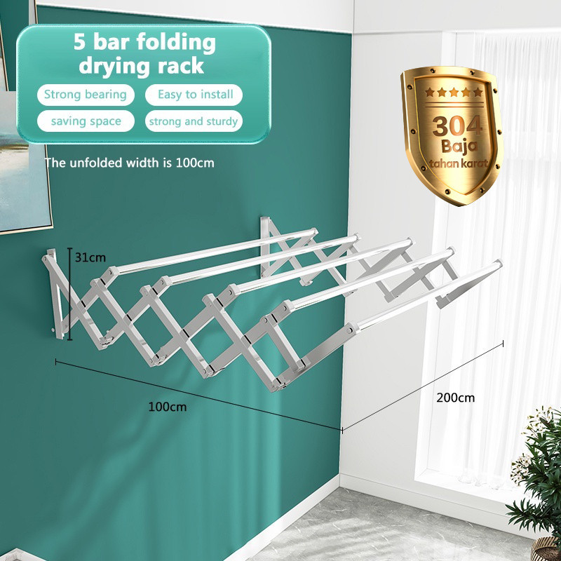 【OKEEY MEDAN 】Jemuran Baju Tempel Dinding - Jemuran Pakaian Stainless Steel Lipat Anti KaratMDN