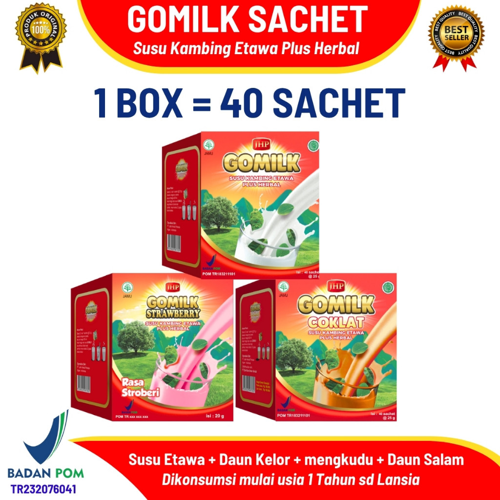 

GOMILK 1 Box 1kg Isi 40 Sachet – Susu Kambing Etawa Plus Herbal Kelor, Mengkudu, Daun Salam