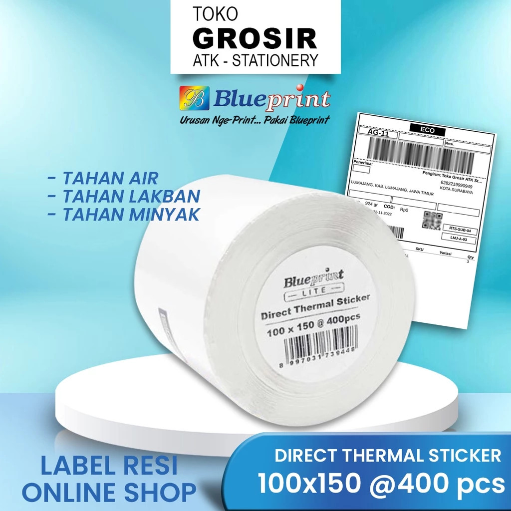 

(LIVE) 100x150 Resi Label Pengiriman A6 Kertas Thermal Sticker Barcode BLUEPRINT Lite 400Pcs Stiker Termal