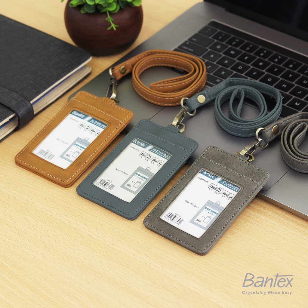 

Jaje.store Bantex Leather Name Tag ID Card Holder Button 8883 Kulit Sintetis Lanyard Tali