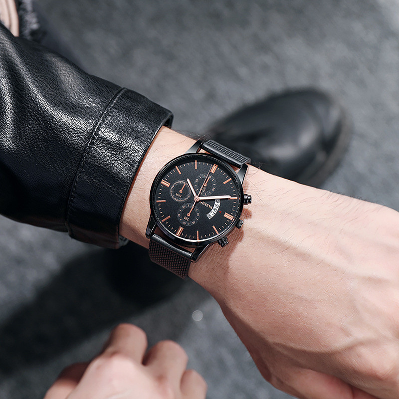 Jam Tangan Pria GENEVA – Model Tiga Mata Palsu, Enam Jarum,Tali Silikon, Fitur Kalender, Mesin Quart