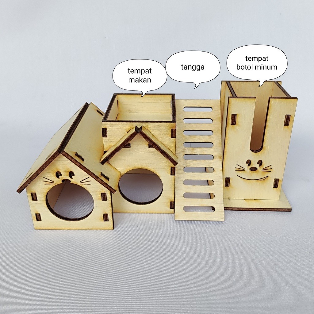 Rumah Hamster Kayu Set Minimalis Tempat Makan Minum Tangga Kandang Lucu