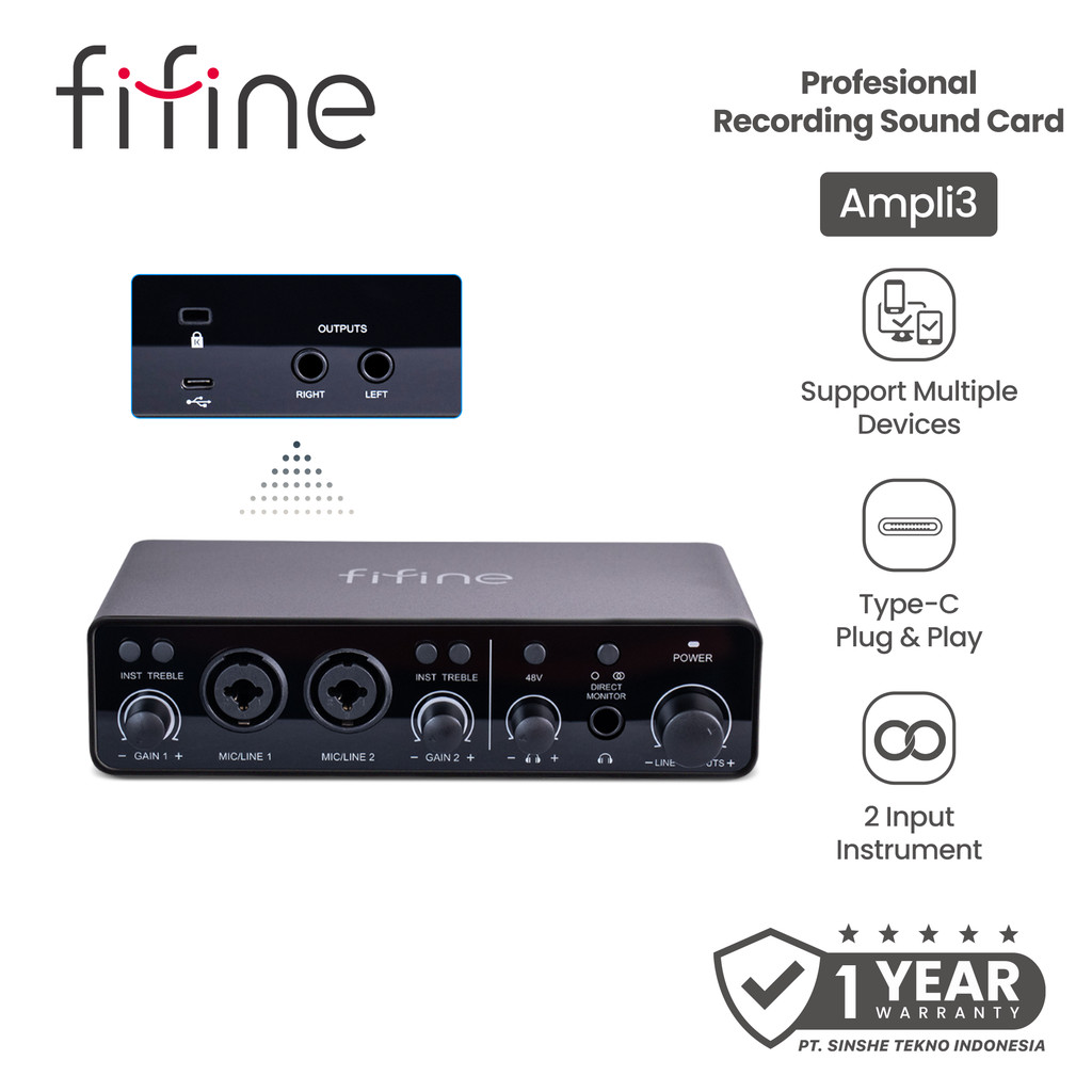 FIFINE Ampli 3 Audio Interface USB – XLR Mic, Gitar, 48V Phantom Power, Podcast
