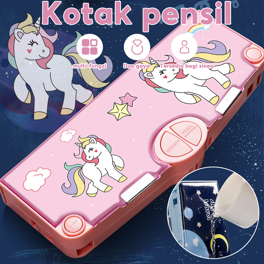 

Kotak Pensil Pola Kartun Lapisan Ganda dan Tunggal dengan Rautan Kapasitas Tempat Pensil Multifungsi Motif Unicorn / Dinosaurus