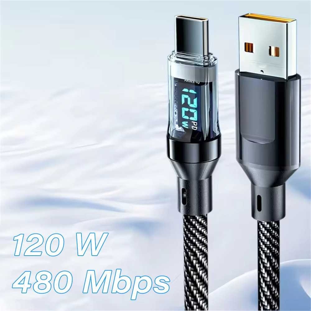 Kabel Data Fast Charging 120W 3A USB Type A ke Type C LED Display 480Mbps Braided Kuat Anti Kusut Ch