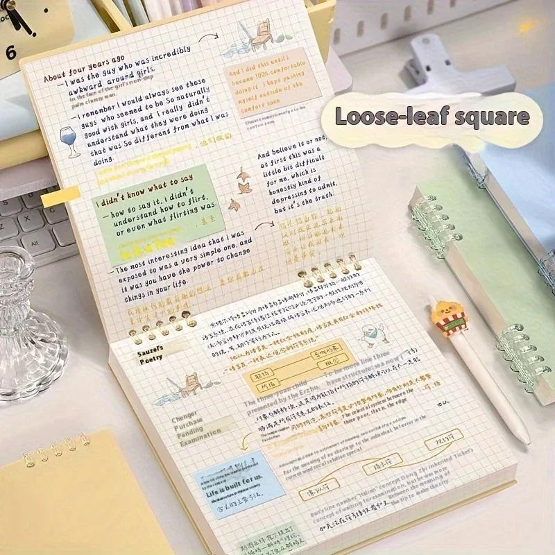 

1pc, Retro square loose leaf notebook, Minimalist Square Grid Loose-Leaf Notebook - Flip-Top Journal for Daily Office Use