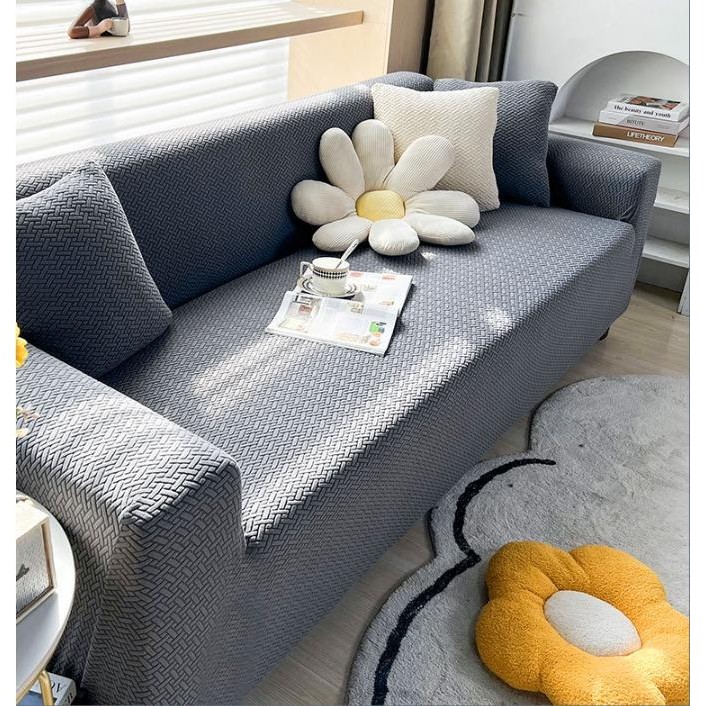 WT Elastic Sofa Cover 3D Jacquard/Sarung Penutup Sofa Elastis Bahan Tebal - Dark Grey, 2Seater