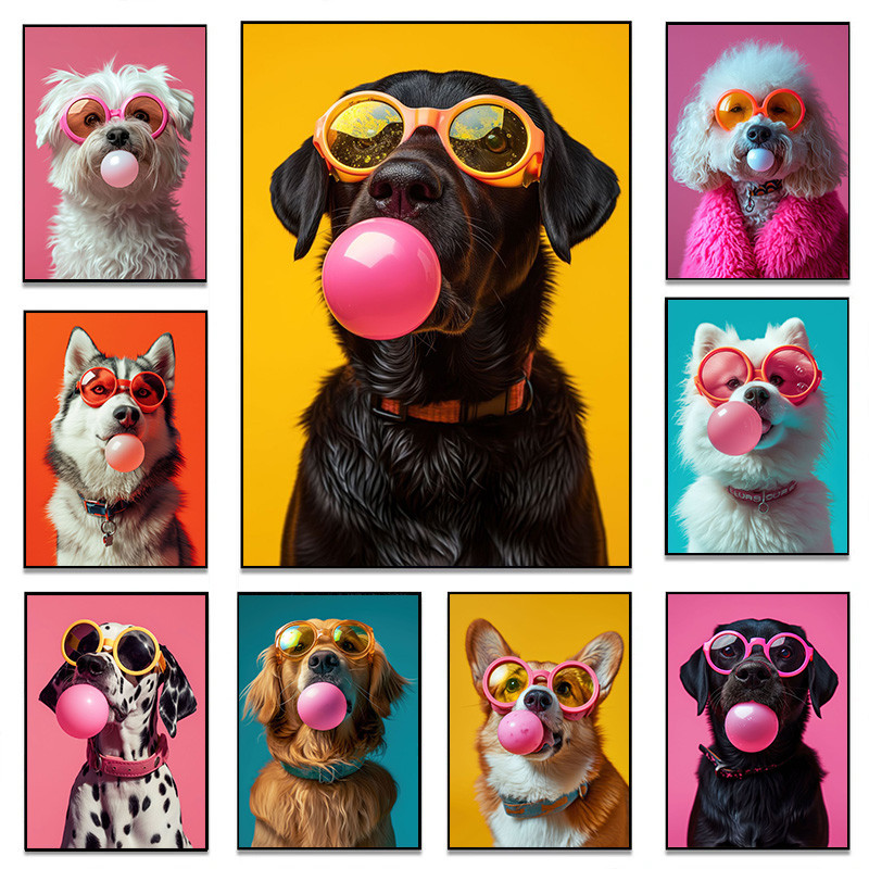 

Fashion Dogs Wearing Glasses Blowing Bubblegum Yorkshire Golden Retriever Poster Canvas Painting Wall Art Pictures Home Decor