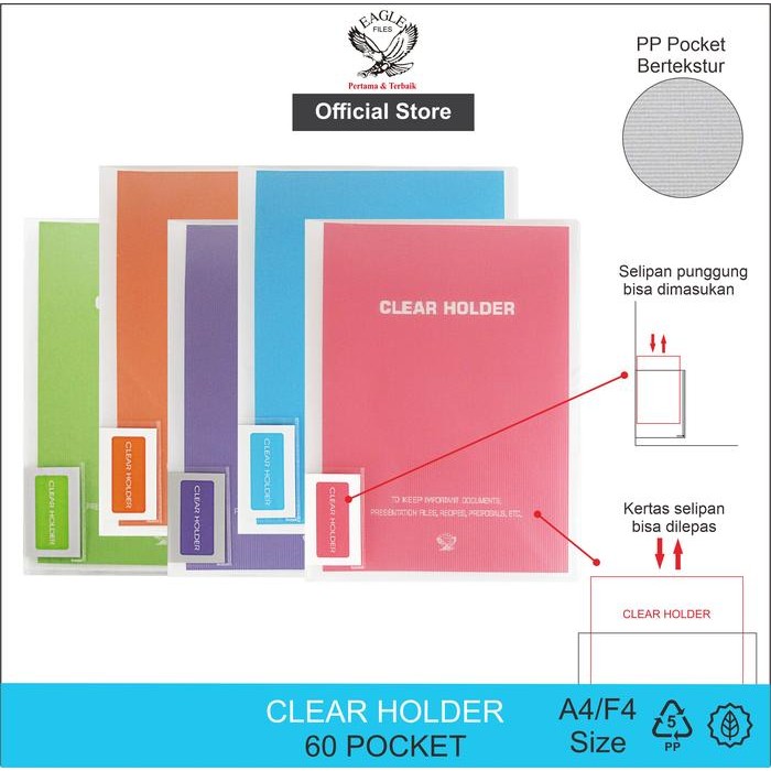 

【YANA-M】FLASH SALE!!! EAGLE Dokumen Keeper Transparan Neon A4/F4 60 Pocket / Clear Holder / Display Book / Document Keeper E 329 - PINK, A4