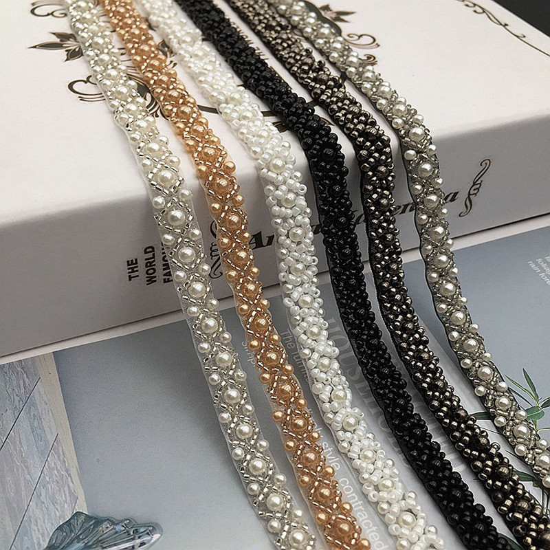 

2 Yards/Lot Sewing Beads Lace 1cm Wide Handmade Pearl Trim White Black Beaded Tape For Crafts Clothing Decoration