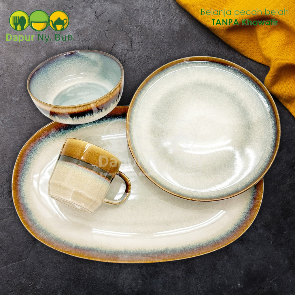 Piring Mangkok Gelas Keramik Gradasi Coklat Biru Unik Estetik Pyramid