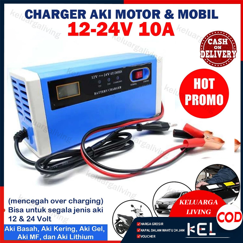 Charger Aki Mobil Motor 12V-24V 10A/ Charger Aki Portable 12V-24V 10A Mobil Dan Motor LCD Indicator 