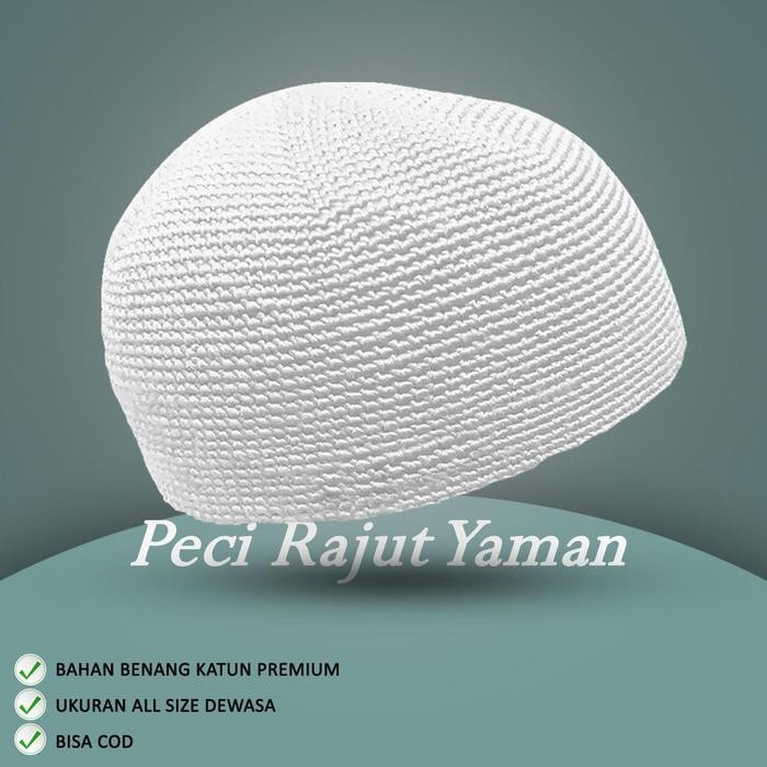 Baceno Peci Rajut Yaman Polos Dewasa Best Quality Handmade Muslim Kopiah Songkok Katun Nyaman - Puti