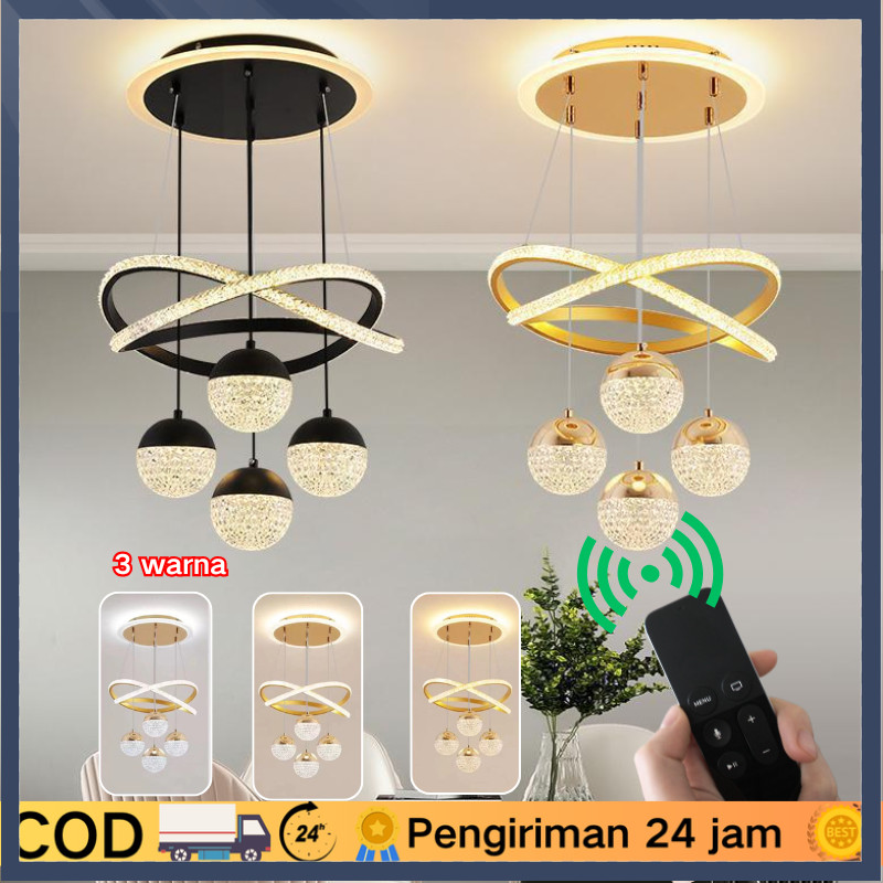 【COD】 Lampu Gantung Dekoratif Minimalis Kristal LED Lampu Gantung Kristal Modern 3Warna Remote Contr