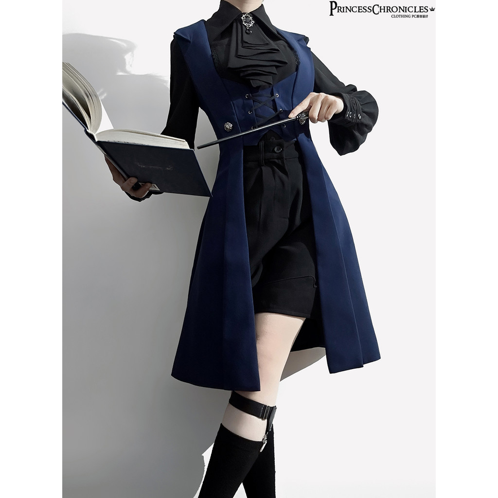 Ouji Lolita Dark Night Overture Retro Dark Middle Ages Handsome Blue Long Vest Slim Fit by Princess 