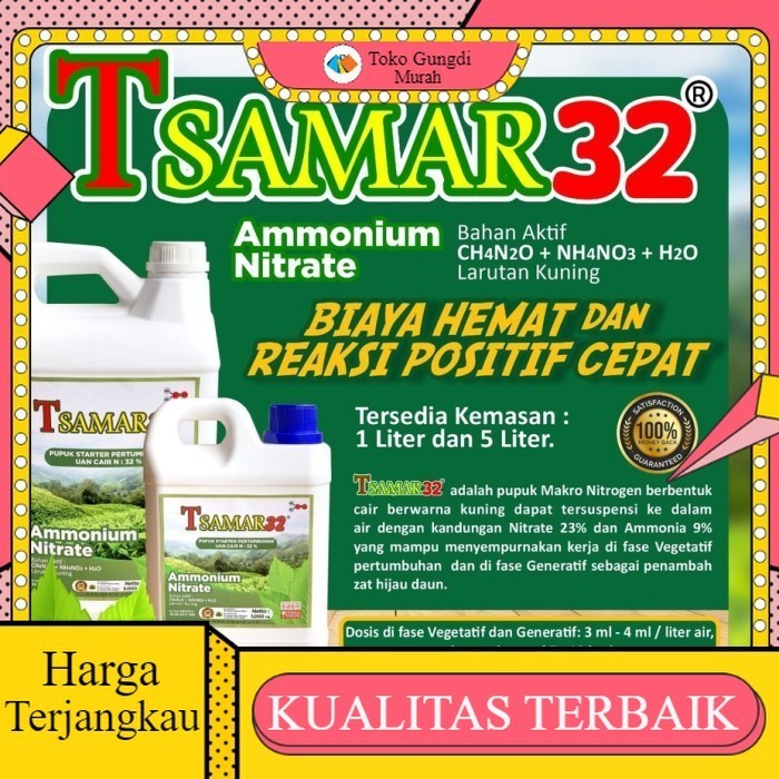 TSAMAR32 pupuk cair tunggal makro N (nitrogren) berwarna kuning dan 100% emulsi kedalam air yang ber