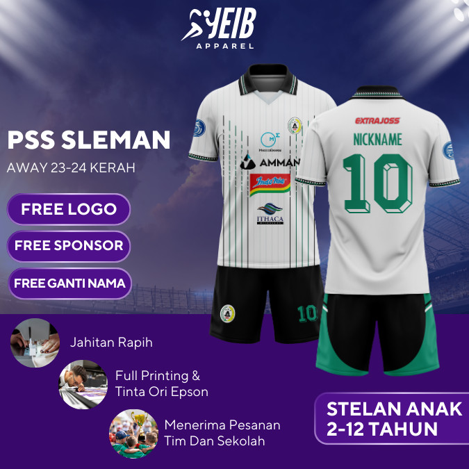 JERSEY BOLA ANAK PSS SLEMAN AWAY 23-24 KERAH LIGA INDO FULL PRINTING GRATIS NAPUNG, LOGO, SPONSOR