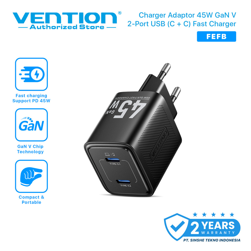 Vention Adaptor Charger GaN V USB Type C 45W Android iPhone Fast Charging