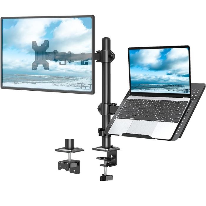 dijual_Bracket Monitor Dual Arm Monitor & Laptop Stand AFW - B01 Besi Hitam - Dual Arm + Tray