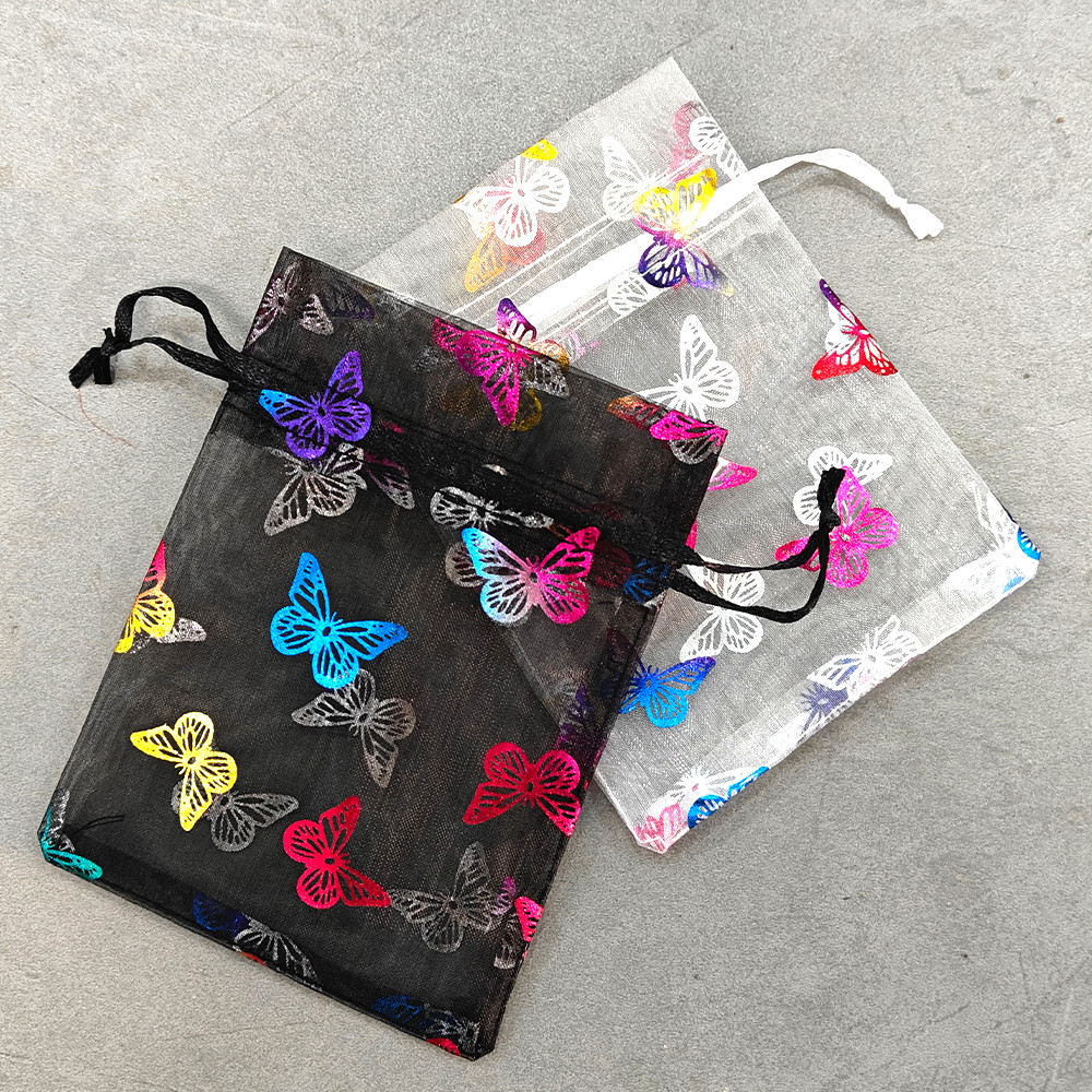 

10/25/50pcs Rainbow Butterfly Gift Bags White Black 9x12 10x15cm Drawstring Organza Bag Wedding Bracelet Jewelry Gift Packing