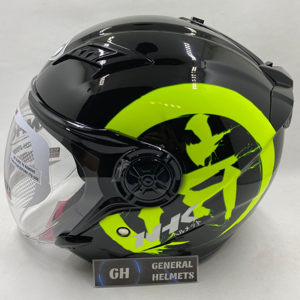 HELM NHK GLADIATOR KANJI BLACK YELLOW GLOSSY DOUBLE VISOR HALF FACE