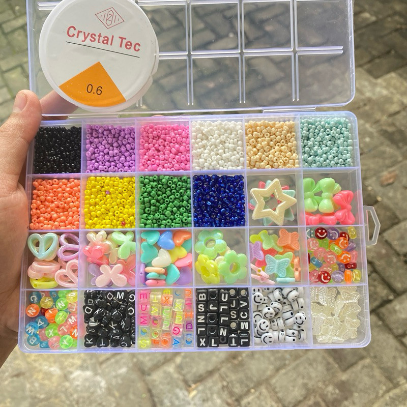 Mainan Anak Anak Manik Manik 1 Set Kotak Lengkap + Senar Elastis + Tali Gantungan Hp | Set manik Luc