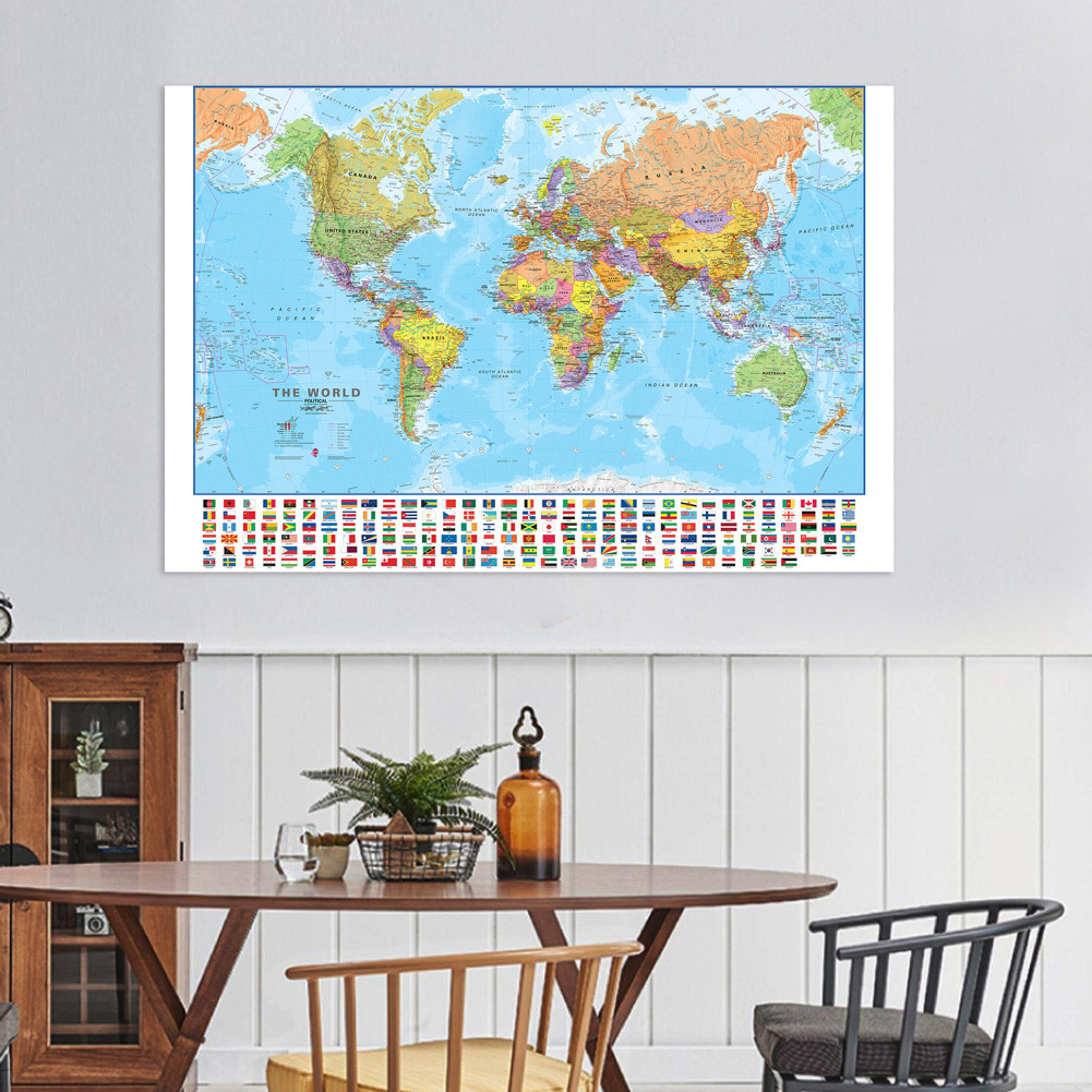 

120x80cm The World Map in English Painting Wall Art Poster Printed Decorative Hanging Picture Living Room Office School Supplies