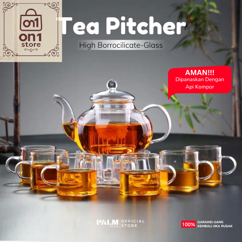 Set Teko Murah / [PALMLIVING] Teko Saringan Kaca Teh Rempah Tahan Panas Set Dengan Gelas Kaca 6Pcs