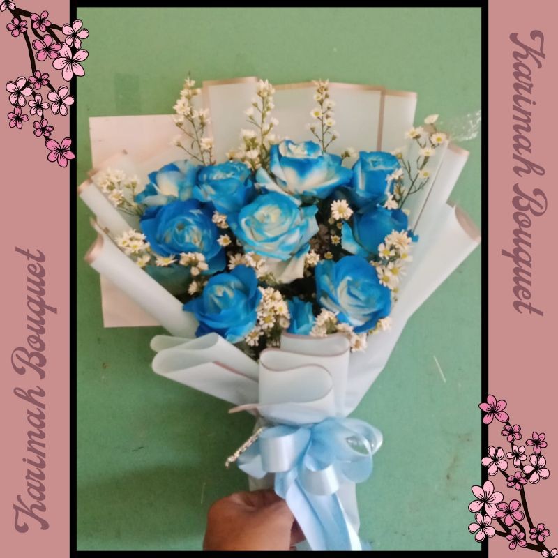 LANGSUNG JADI Buket Bunga Wisuda Mix Mawar Biru / Bouquet Bunga / Bucket Bunga Wisuda / Buket Bunga 
