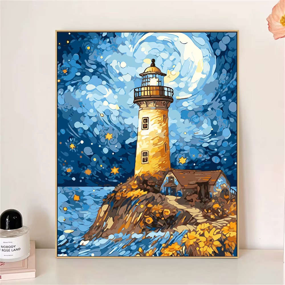 

MINISO DIY Oil Painting By Numbers Lighthouse At Sea Wall Decor Gifts Frameelss